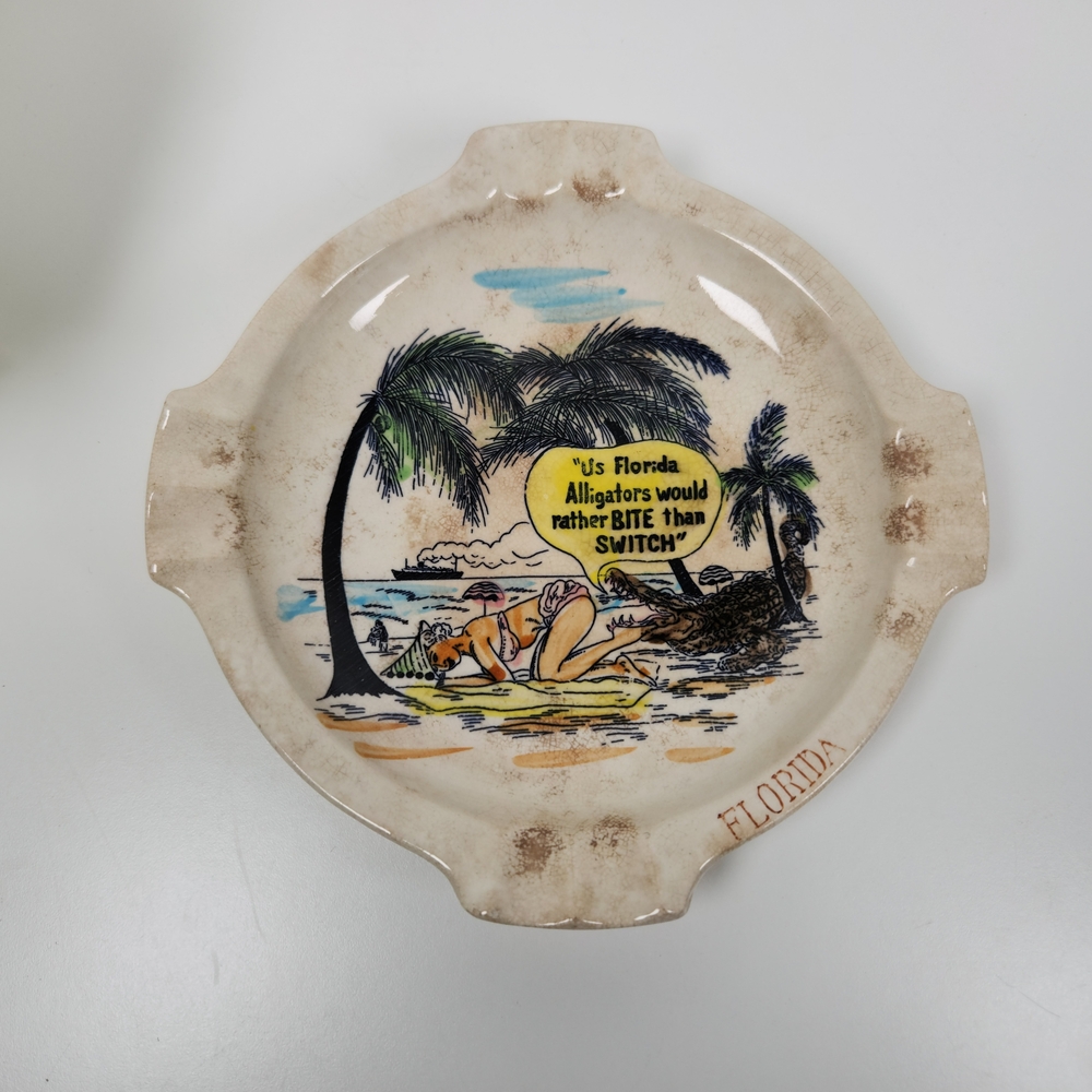 Vintage Funny Florida Alligator Ashtray- Stained Crazed Dish- Mid Century, Beach
